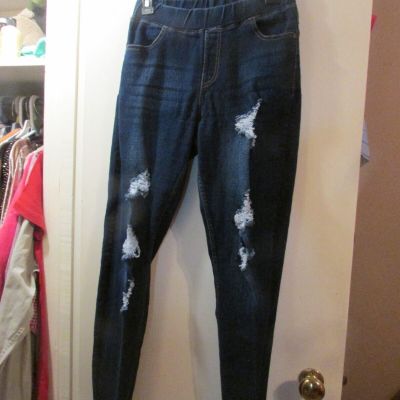 Ladies Dark Blue Distressed Denim Leggings - Size S - JVINI Fashions